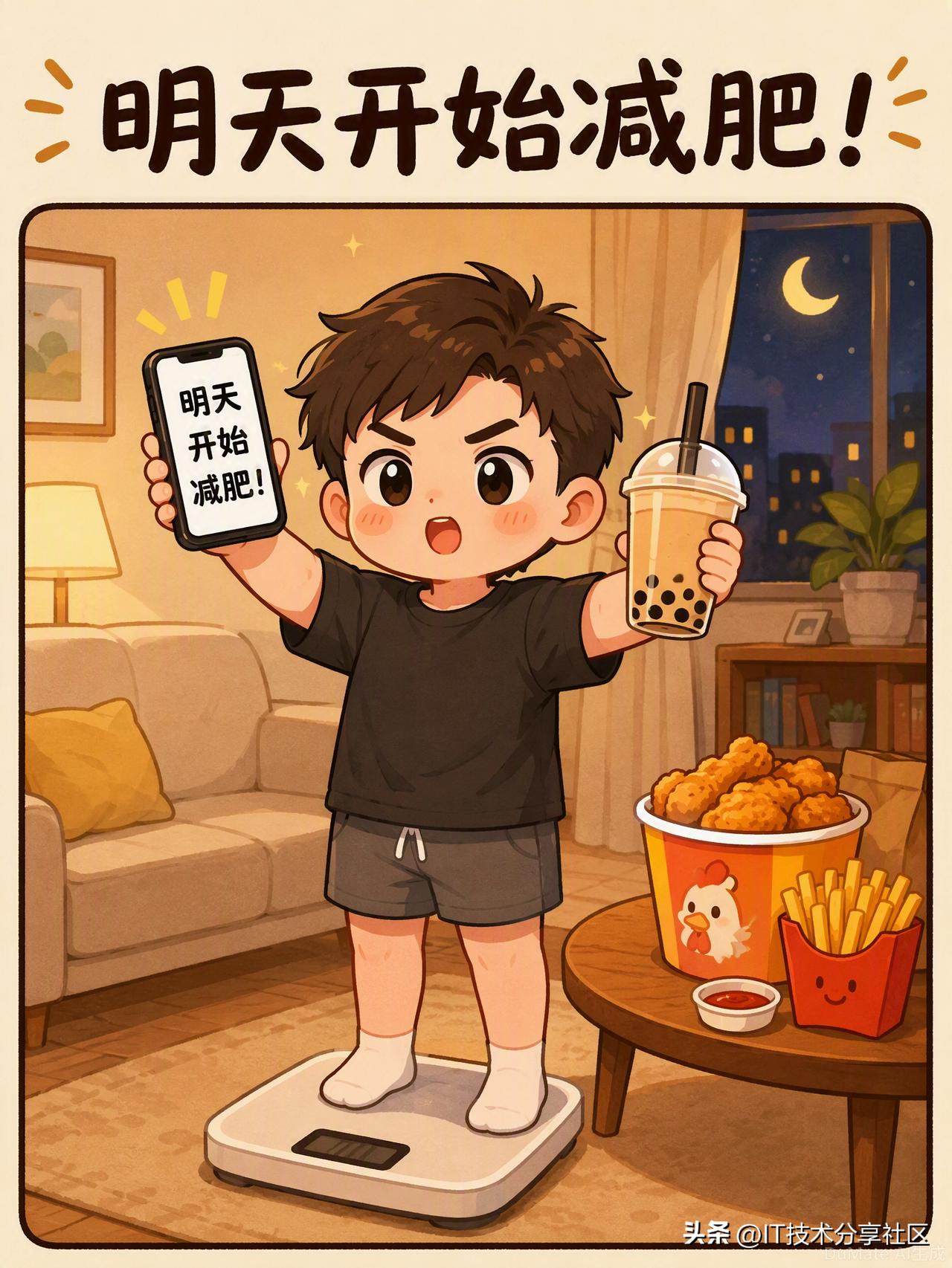 周日晚上，我庄严宣布："从明天起，我要开始减肥。"

说完，为了庆祝这个重大决定
