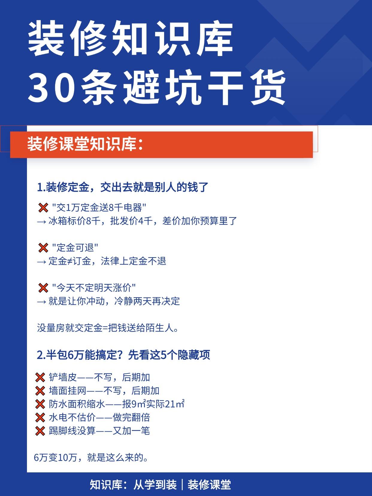 装修知识库，30 条避坑干货
👉30 条装修避坑干货覆盖范围： 找公司→定金→