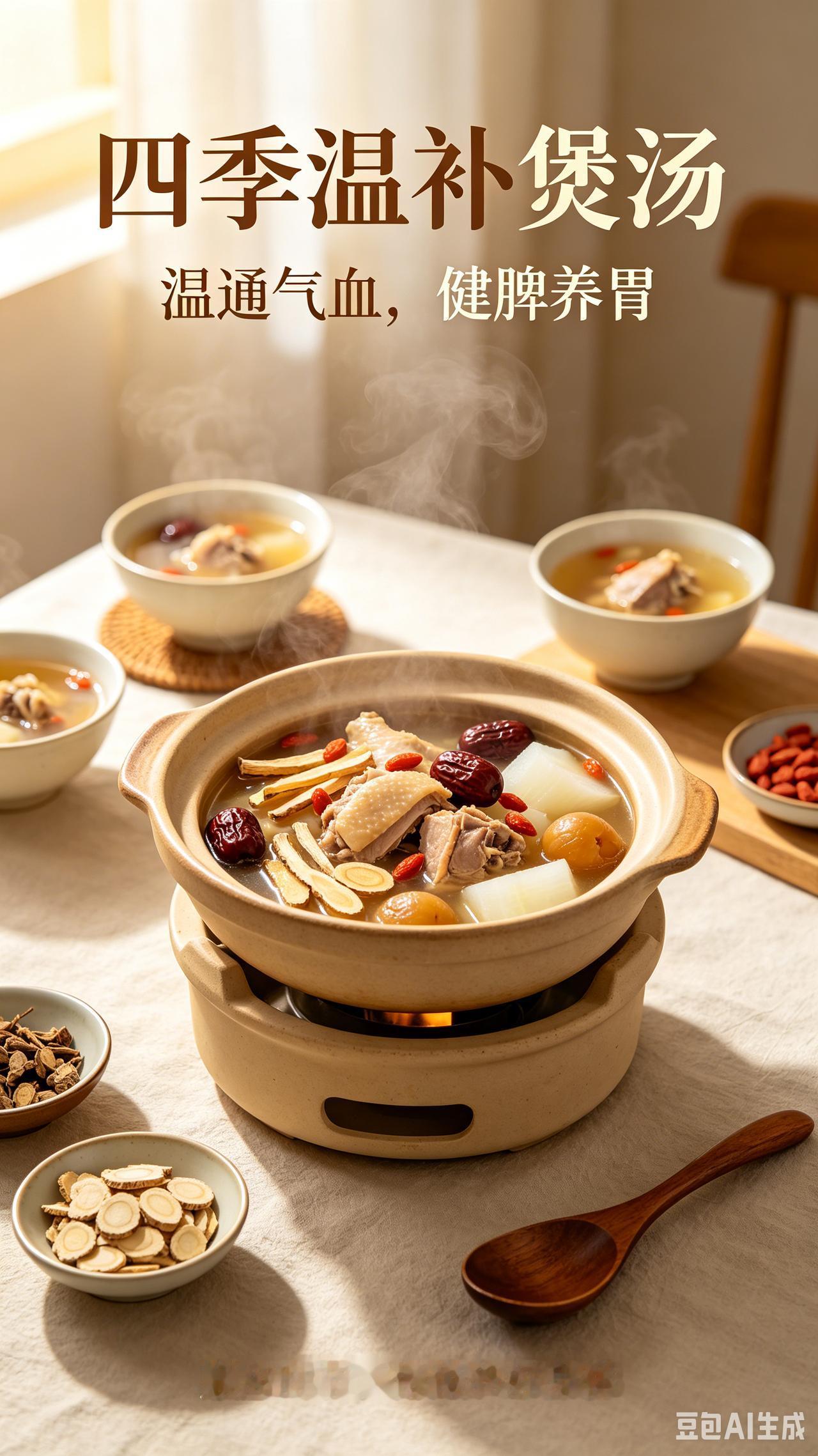 四季温补煲汤，顺应时节养好身体
 
温补煲汤最适合秋冬季节饮用，初春寒气未消时，