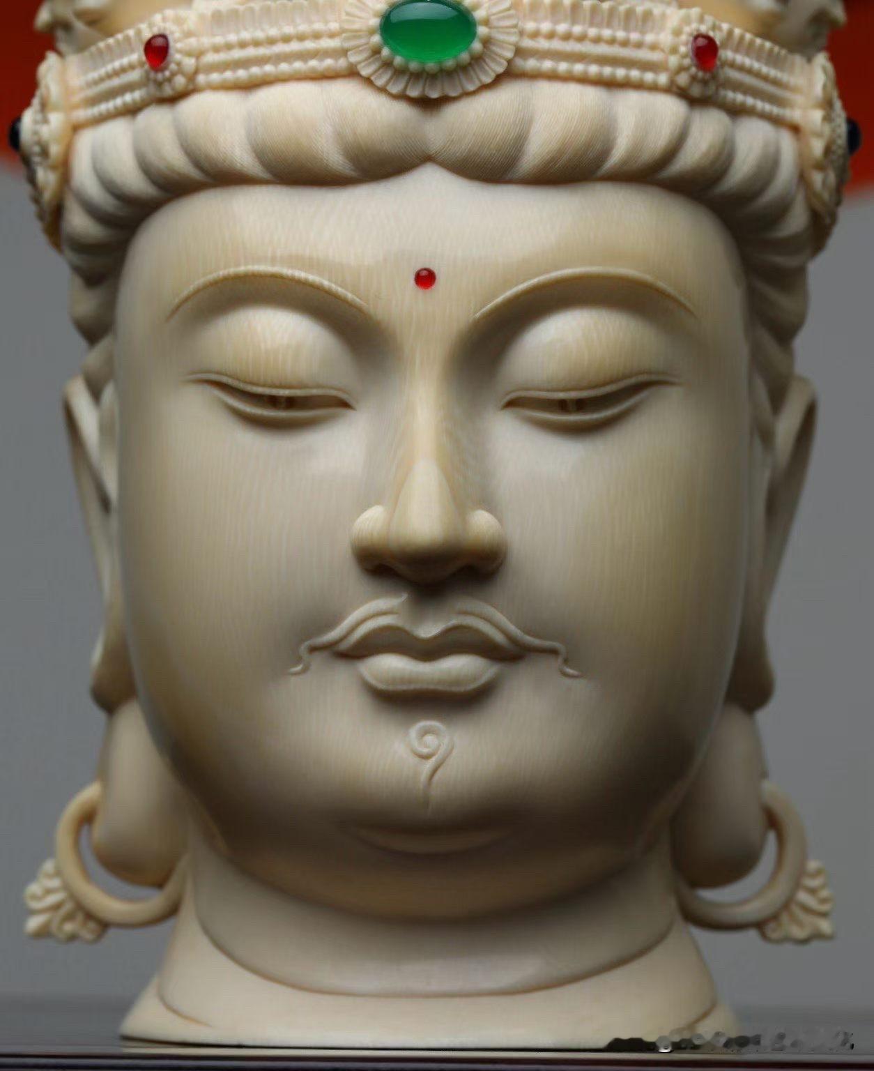 十一面，四层成相。

一尊观音佛首，十一张面孔层层向上排列，神态各异：有威严，有