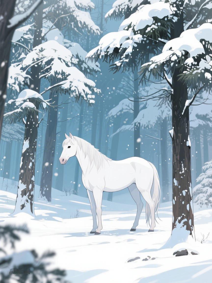 AI妙生图雪落林间，白马静立。在这静谧里，寻一处安宁，与时光共赴诗意之约🍃