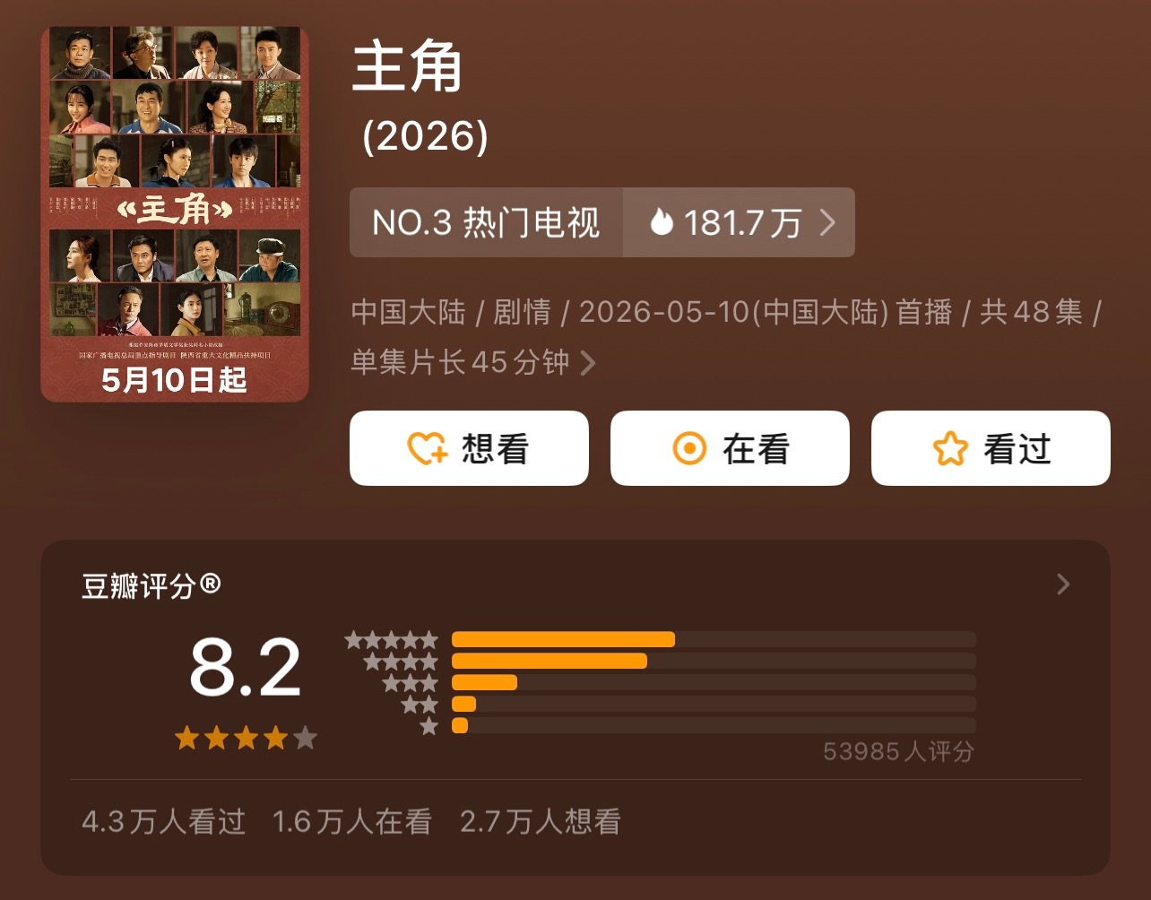 主角开分8.2《主角》迎来豆瓣开分，获得8.2的高分，实现口碑与热度双丰收！ 