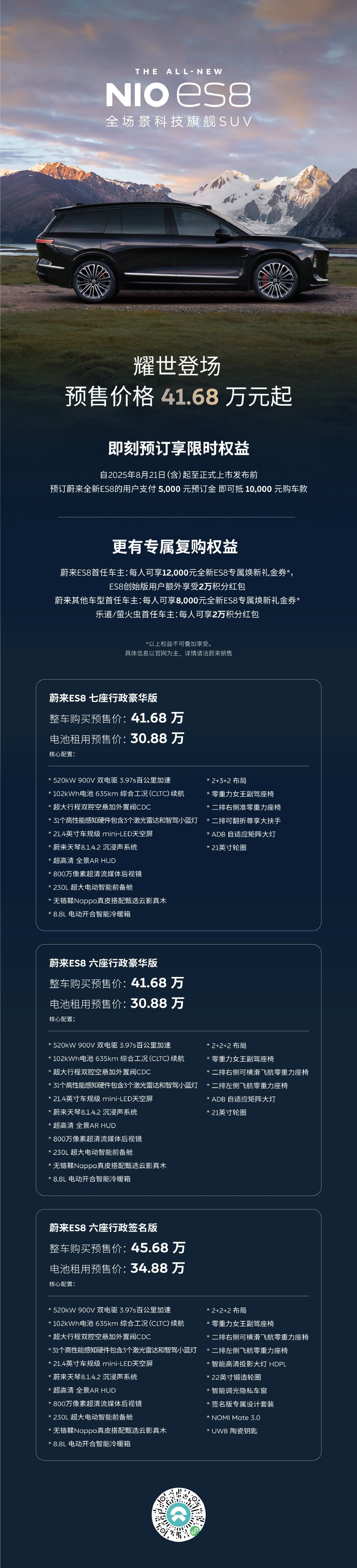 蔚来全新 ES8来了！预售价41.68-45.68万元，BaaS 方案直接降10