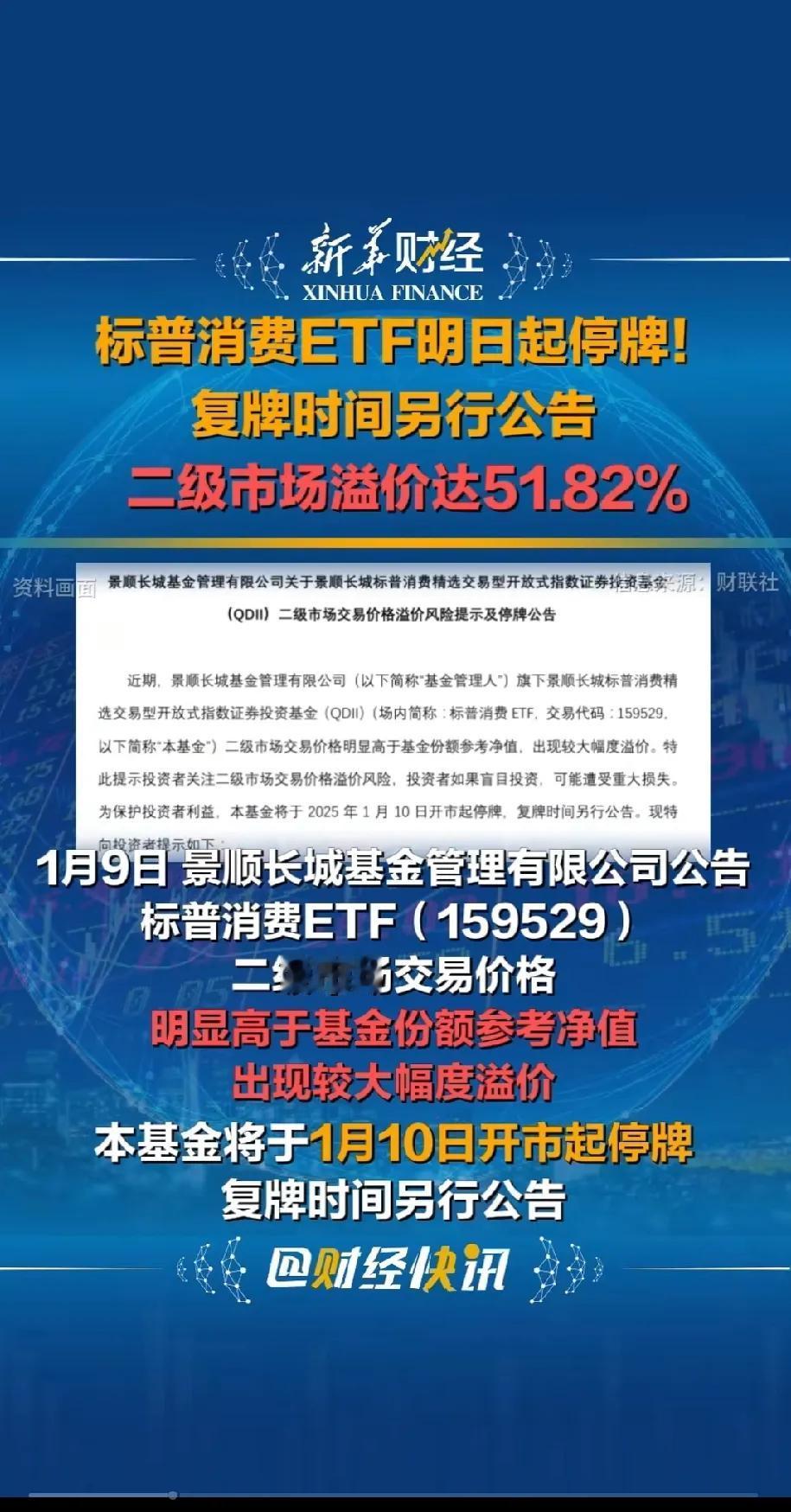 活久见，标普消费ETF今日起停牌，复牌日期另行通知。

目前溢价率达到51.8%