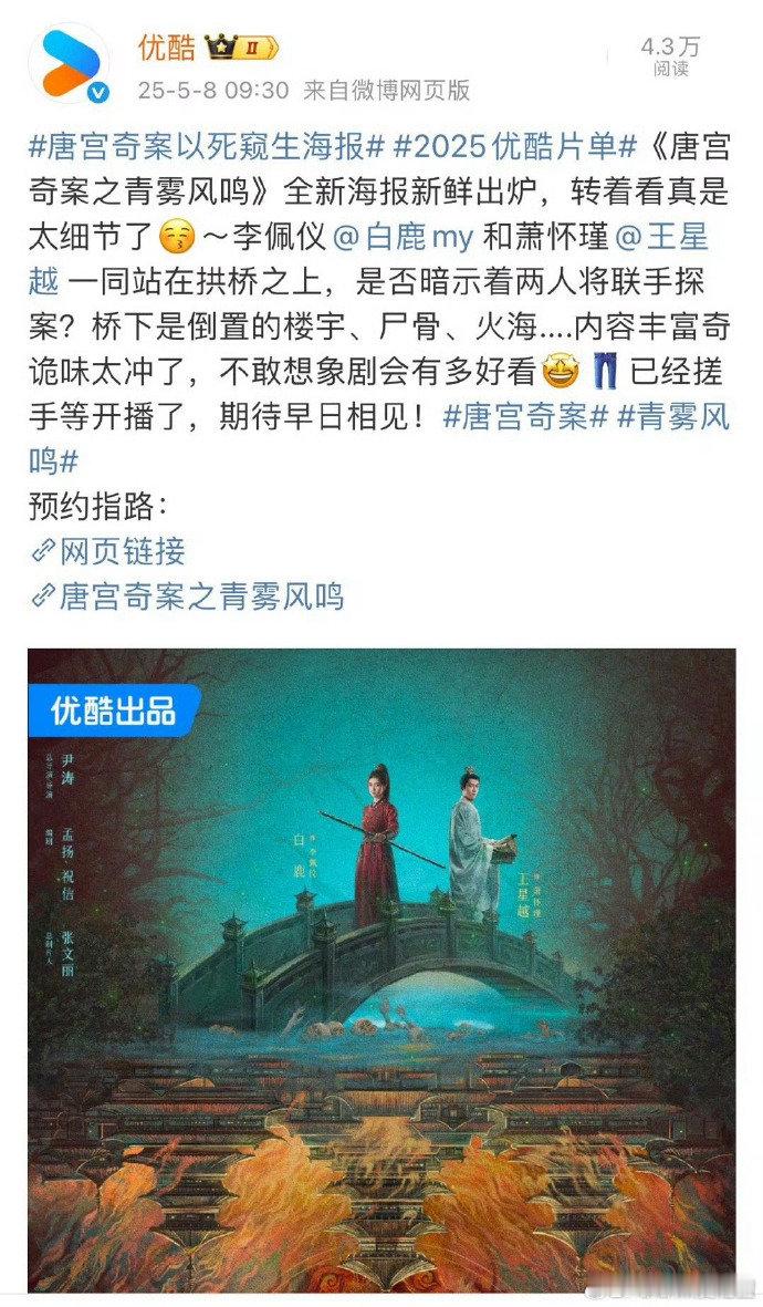 白鹿王星越唐宫奇案双人海报《唐宫奇案》白鹿王星越的海报发布啦。两人站在拱桥上，给