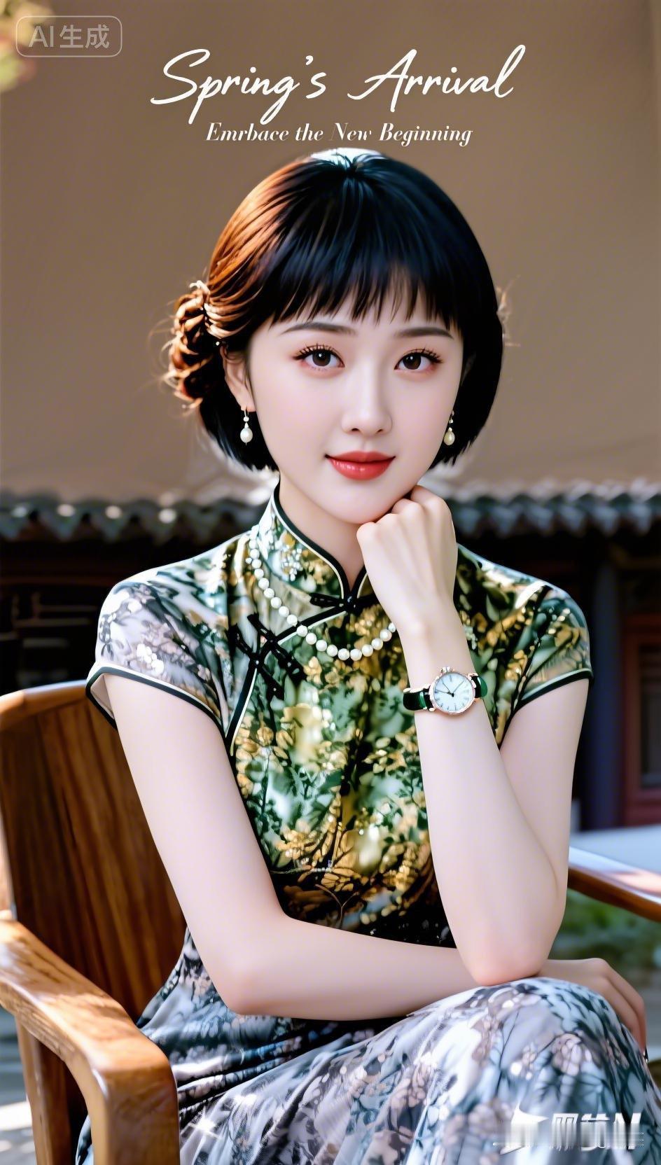 穿着旗袍的姑娘坐在椅子上。