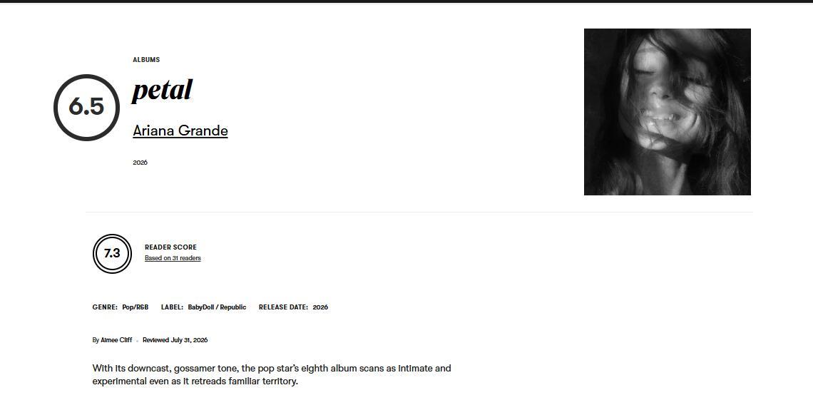 Pitchfork给Ariana Grande的新专辑《petal》打了6.5分