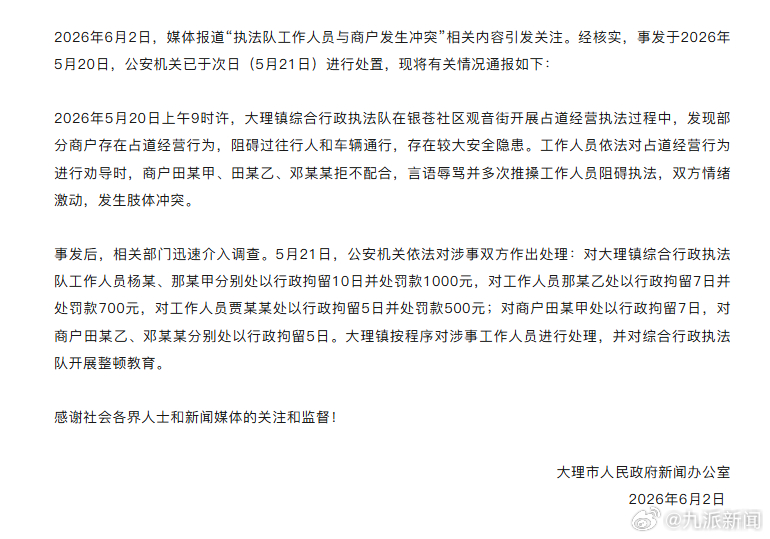 #执法队人员与商户冲突7人被拘#【#官方通报执法队人员与商户冲突#】大理市人民政