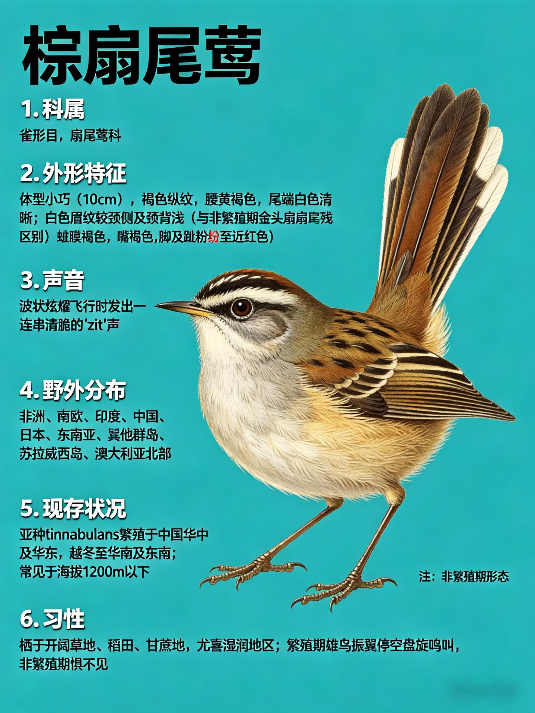 鸟类朋友图鉴 棕扇尾莺·科属：雀形目，扇尾莺科。·外形特征：体型小巧（10cm）