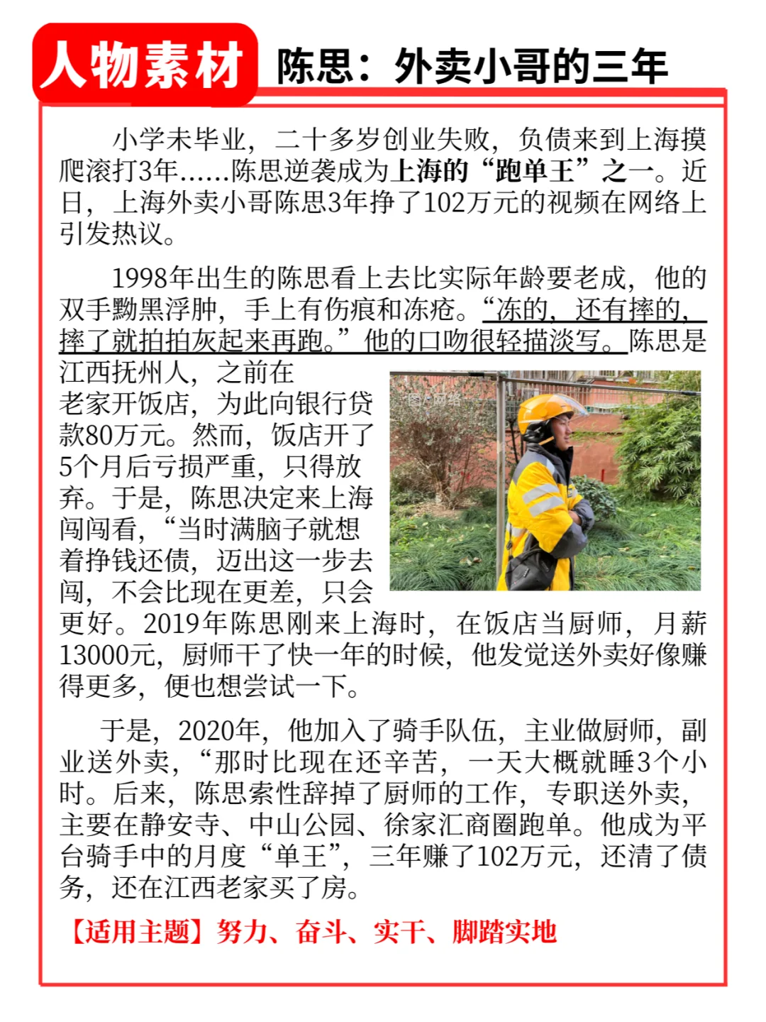 人物素材积累 | 陈思 外卖小哥的三年