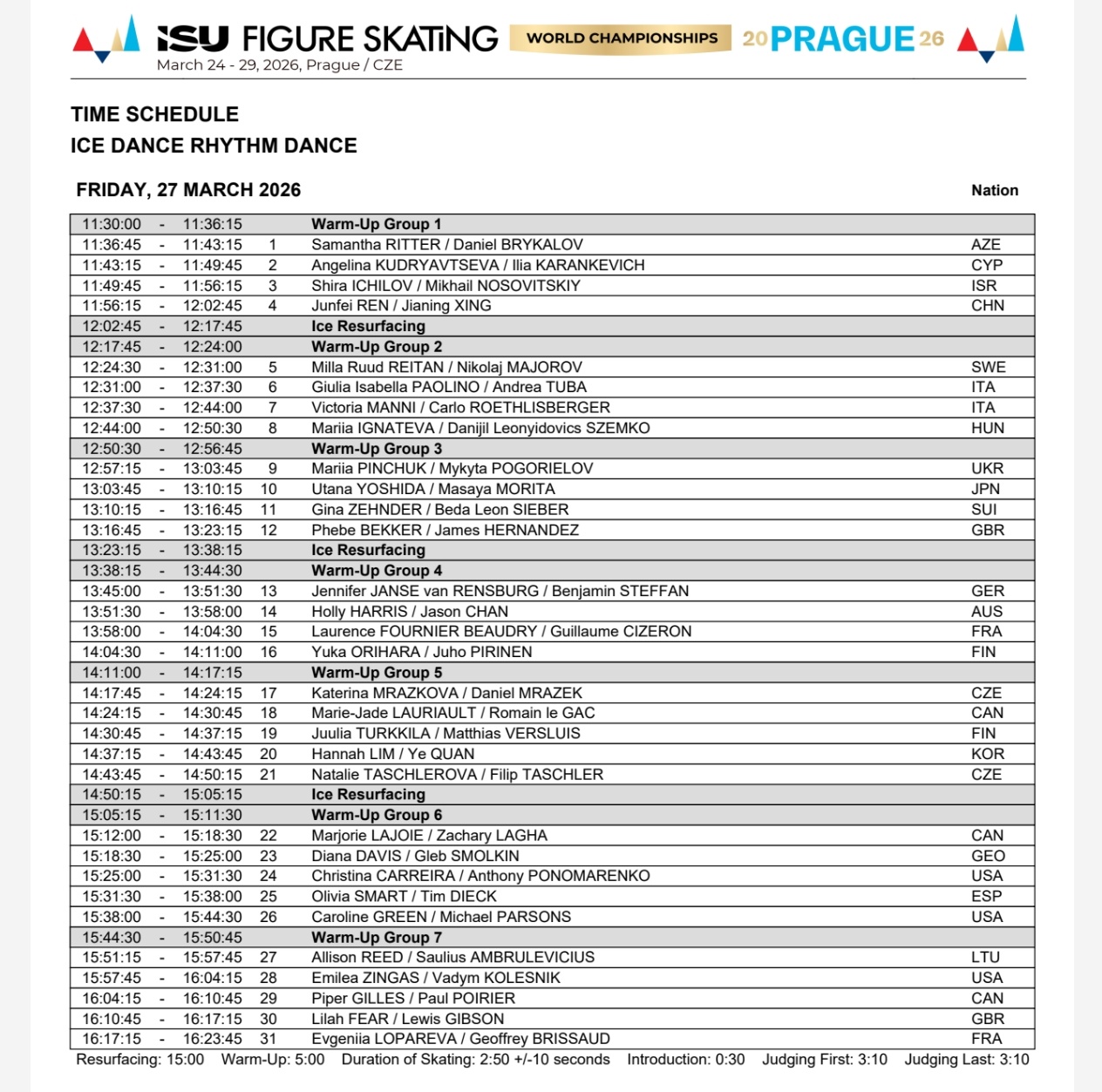 任俊霏邢珈宁2026花滑世锦赛 韵律舞第一组最后一位出场，今晚18:56 