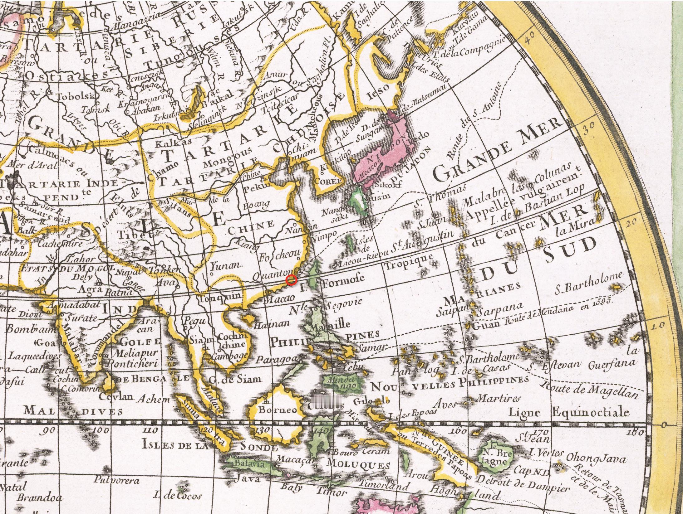 一个网友提供的信息很有意思1720年出版，1745年修订的一副法国航海地图Map