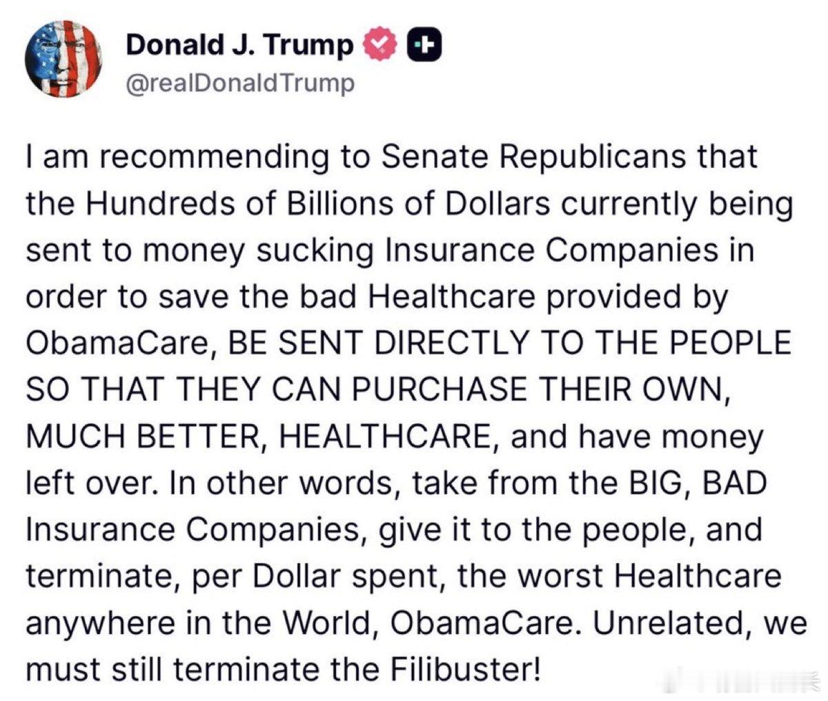 特朗普刚刚呼吁拆掉奥巴马医保，改为直接给美国人开现金支票。唐纳德·J·特朗普  