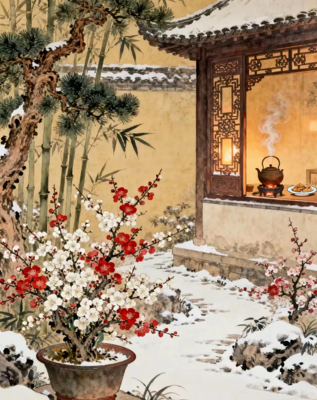 雪裹梅枝藏艳色，
梅凭雪衬靓清姿。
横批：《梅雪颂》