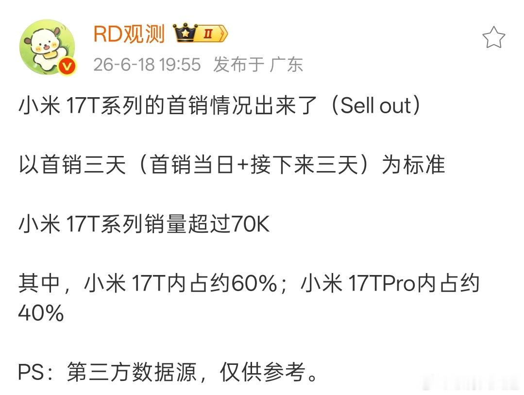 小米17T系列首销4天卖了7万台，很不错了，比之前的civi系列要好的 