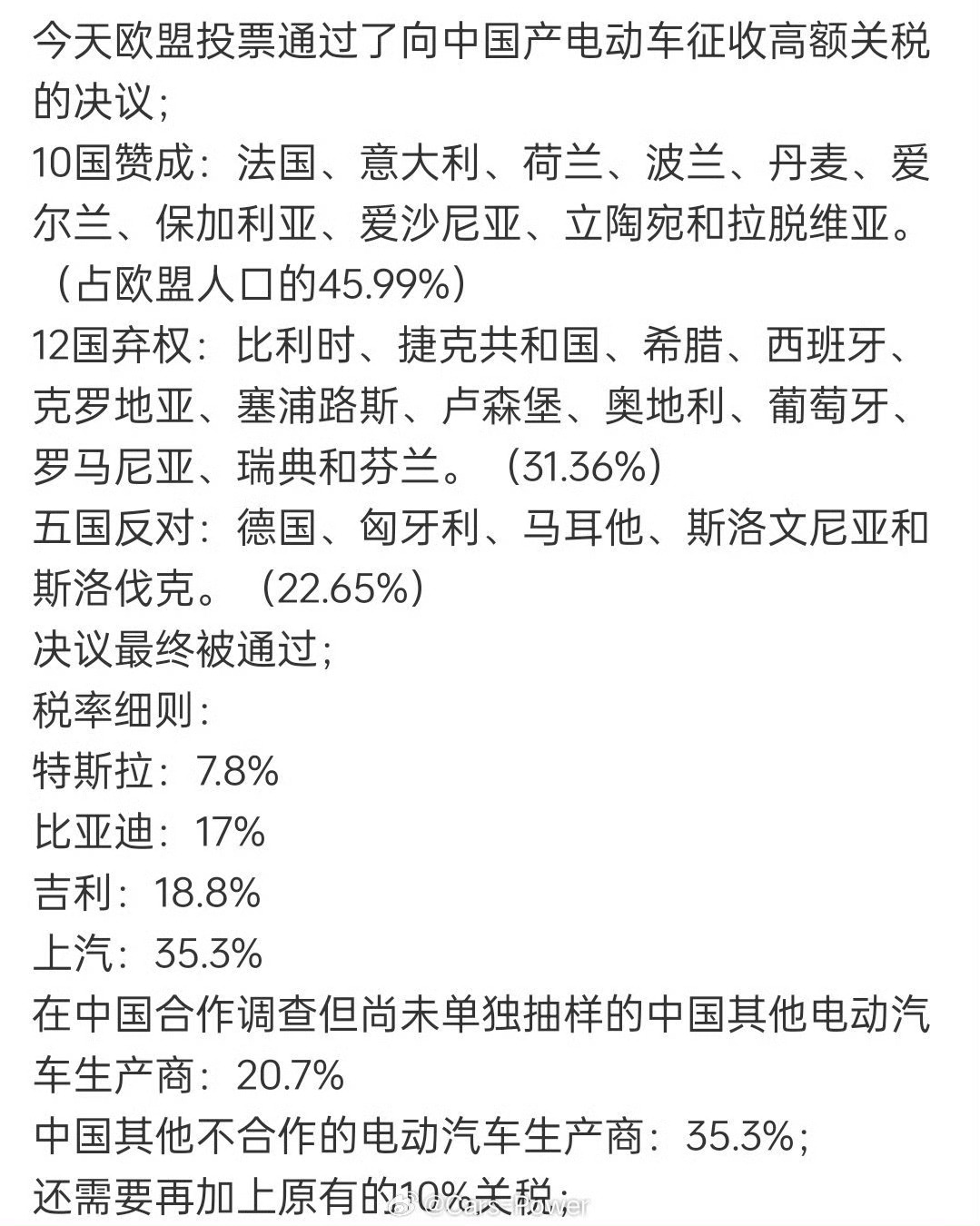 #欧盟对华电动汽车征收反补贴税提议通过#欧盟于2024年10月4日通过针对中国电