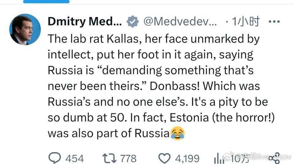 梅德韦杰夫向欧盟外长卡拉斯开炮：卡拉斯，那只脸上毫无智慧痕迹的实验鼠，又一次失言