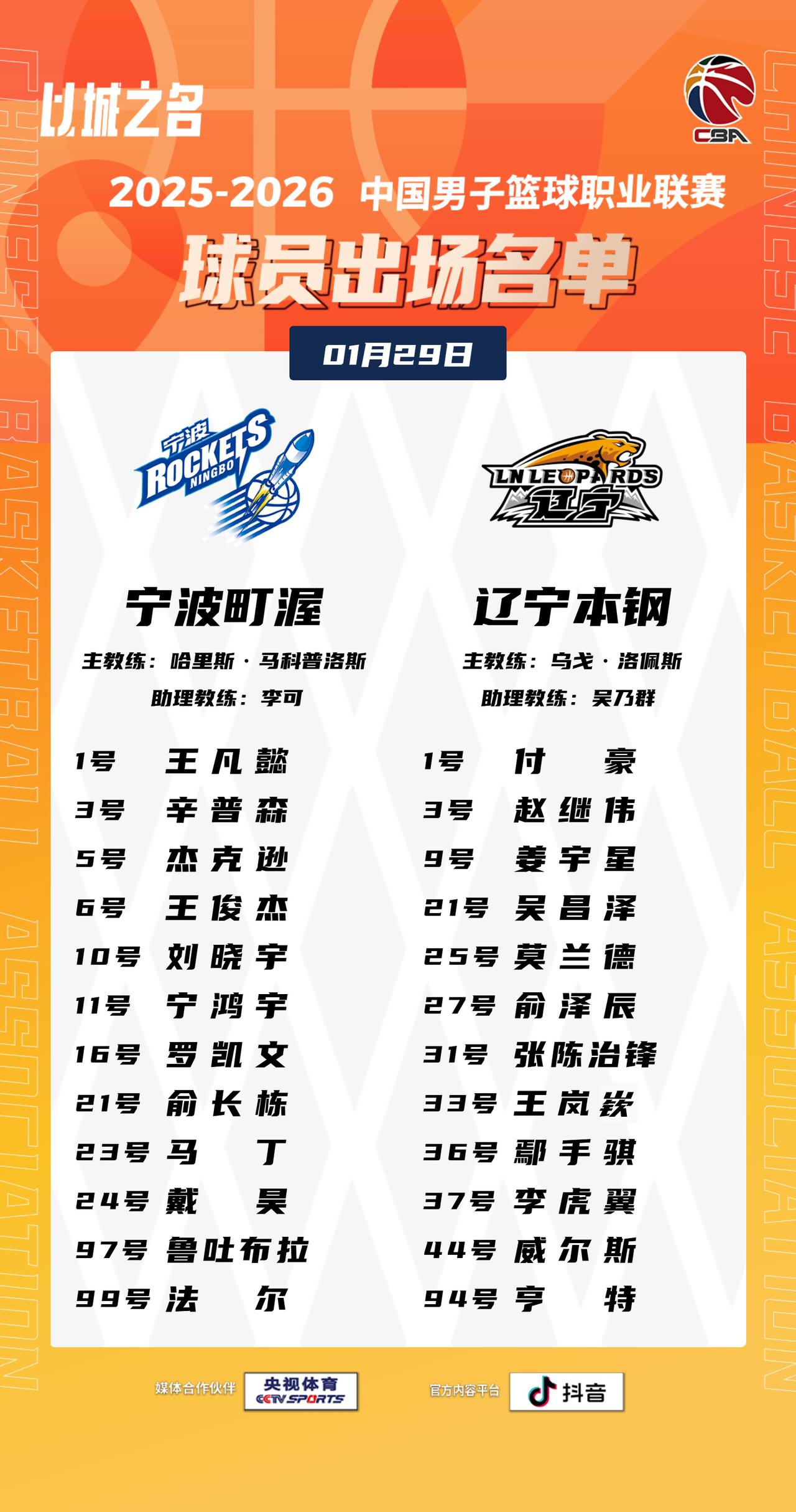 【大名单出炉】2025-2026赛季CBA联赛常规赛第二十一轮今晚继续进行，5场