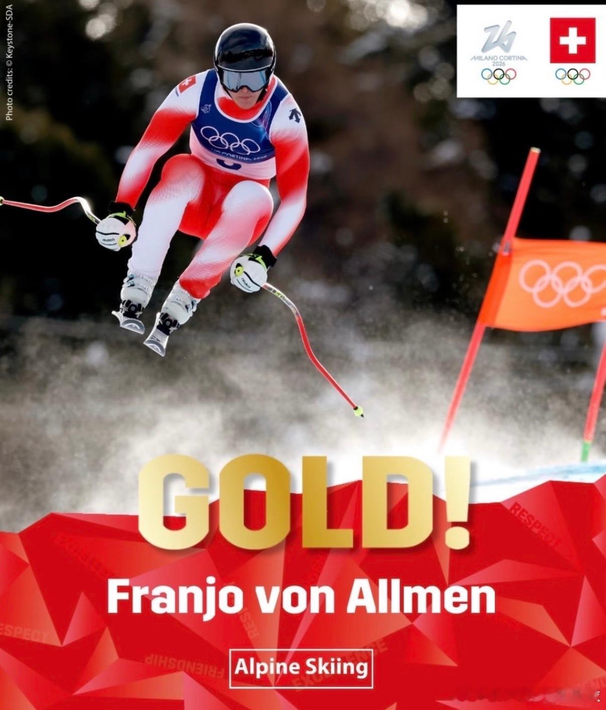 米兰冬奥首金诞生米兰冬奥首金出炉！高山滑雪男子滑降赛场，瑞士选手冯阿尔曼摘得本届
