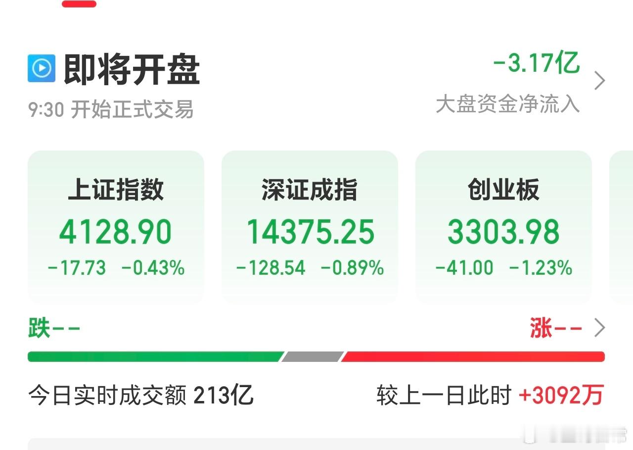 创指低开力度有点大，个股也很弱，静静观望即可。昨天双飞减的，今天看看接回。目前看