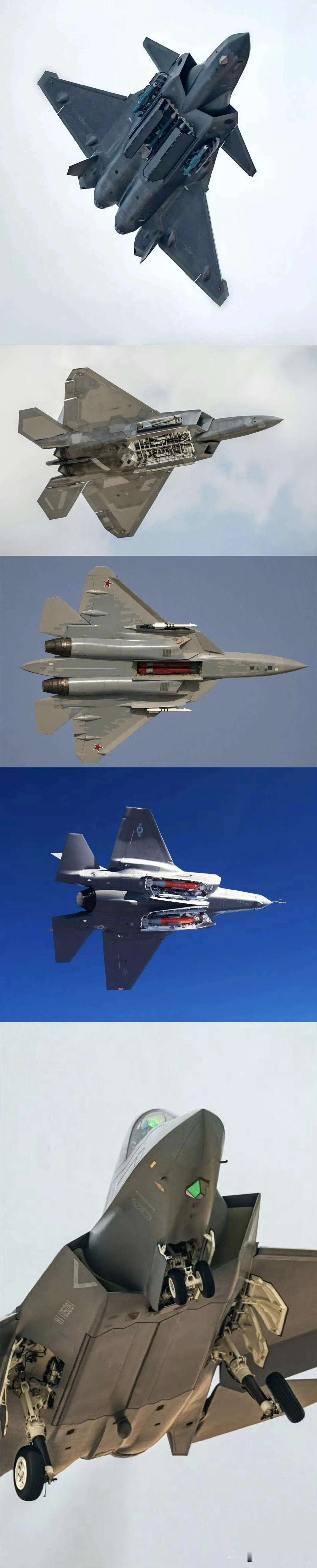 全球现役五代机弹舱比较
 
苏57憋了15年才公开弹舱，单个主弹舱长4.6米，能