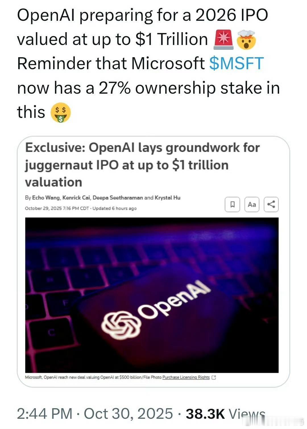 2026年OpenAI将要发行股票(IPO)，价值约1万亿美元。OpenAI的巨