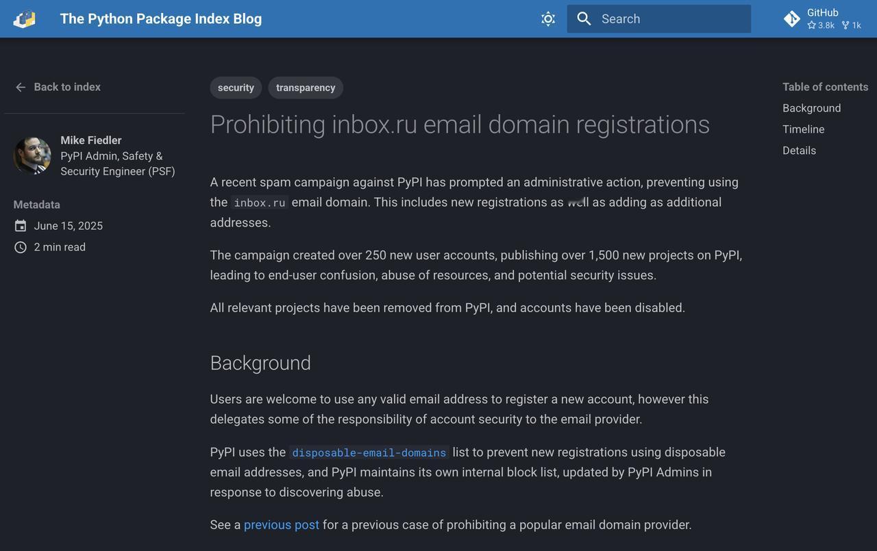 PyPI 禁用 Inbox.ru 邮箱注册，背后是一场潜在攻击预演。

6 月下