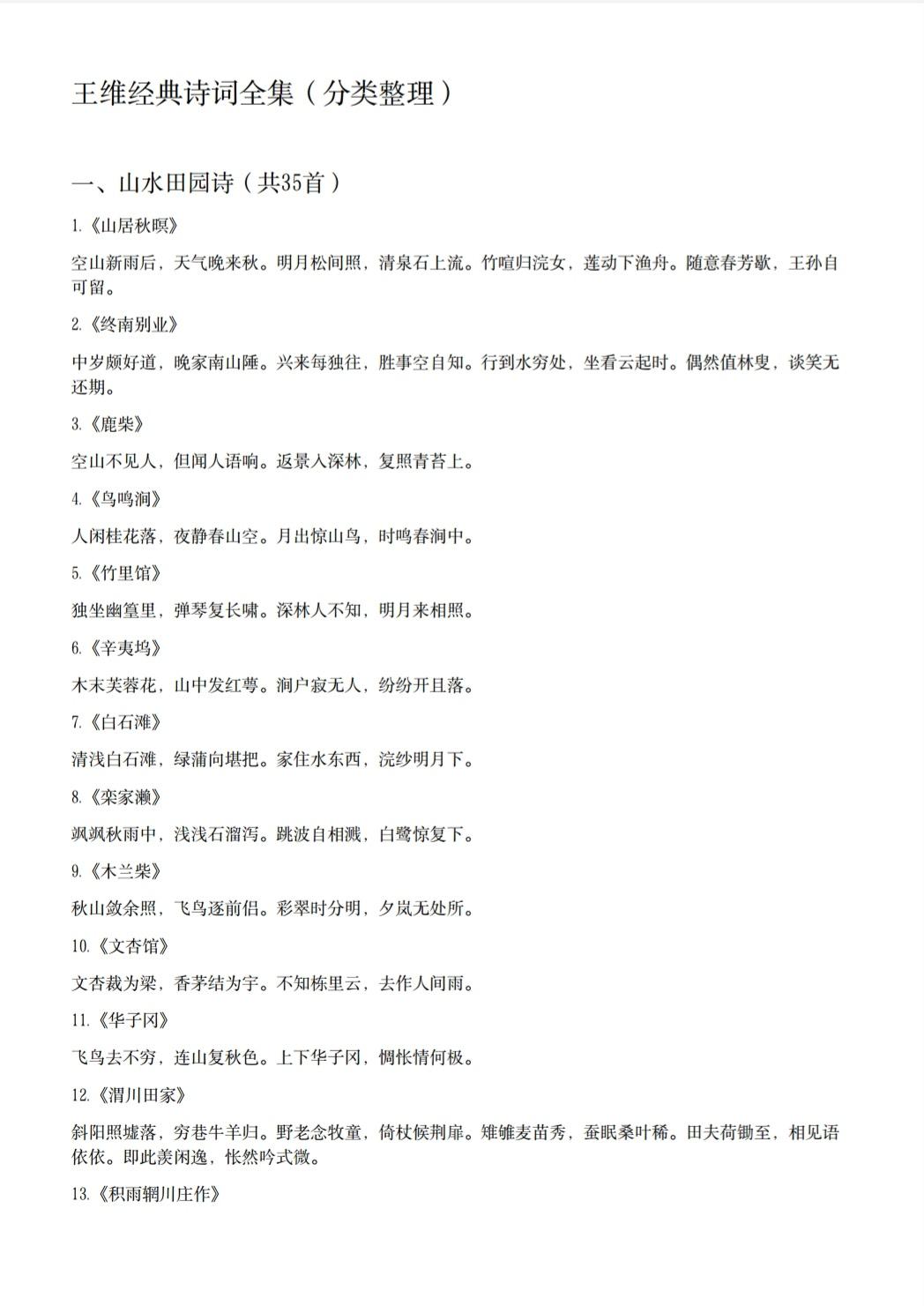 王维古诗词整理大全！