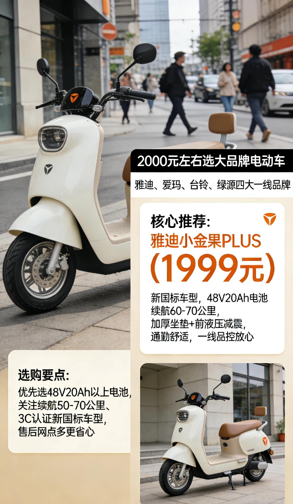 2000元左右选大品牌电动车，优先锁定雅迪、爱玛、台铃、绿源四大一线品牌，品控与