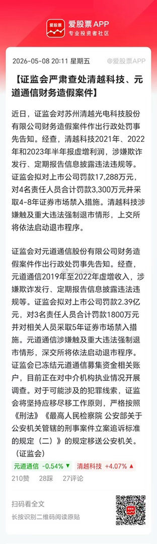 清越科技、元道通信财务造假，村里直接勒令退市了！还一个1.7亿元，一个罚款2.4