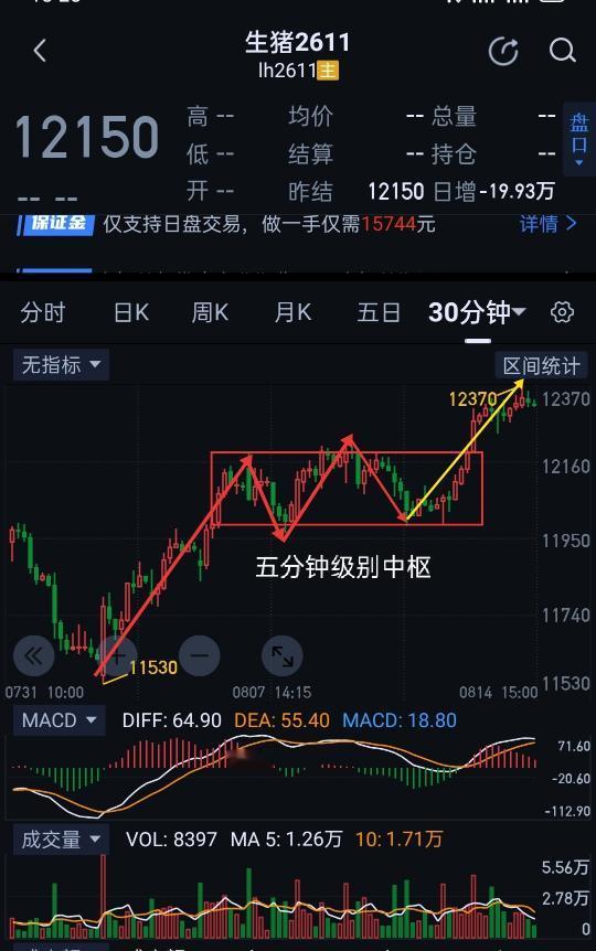 生猪，处于日线一笔上生长中。但周五日K十字星，说明短期多空出现分歧。周一如多头不