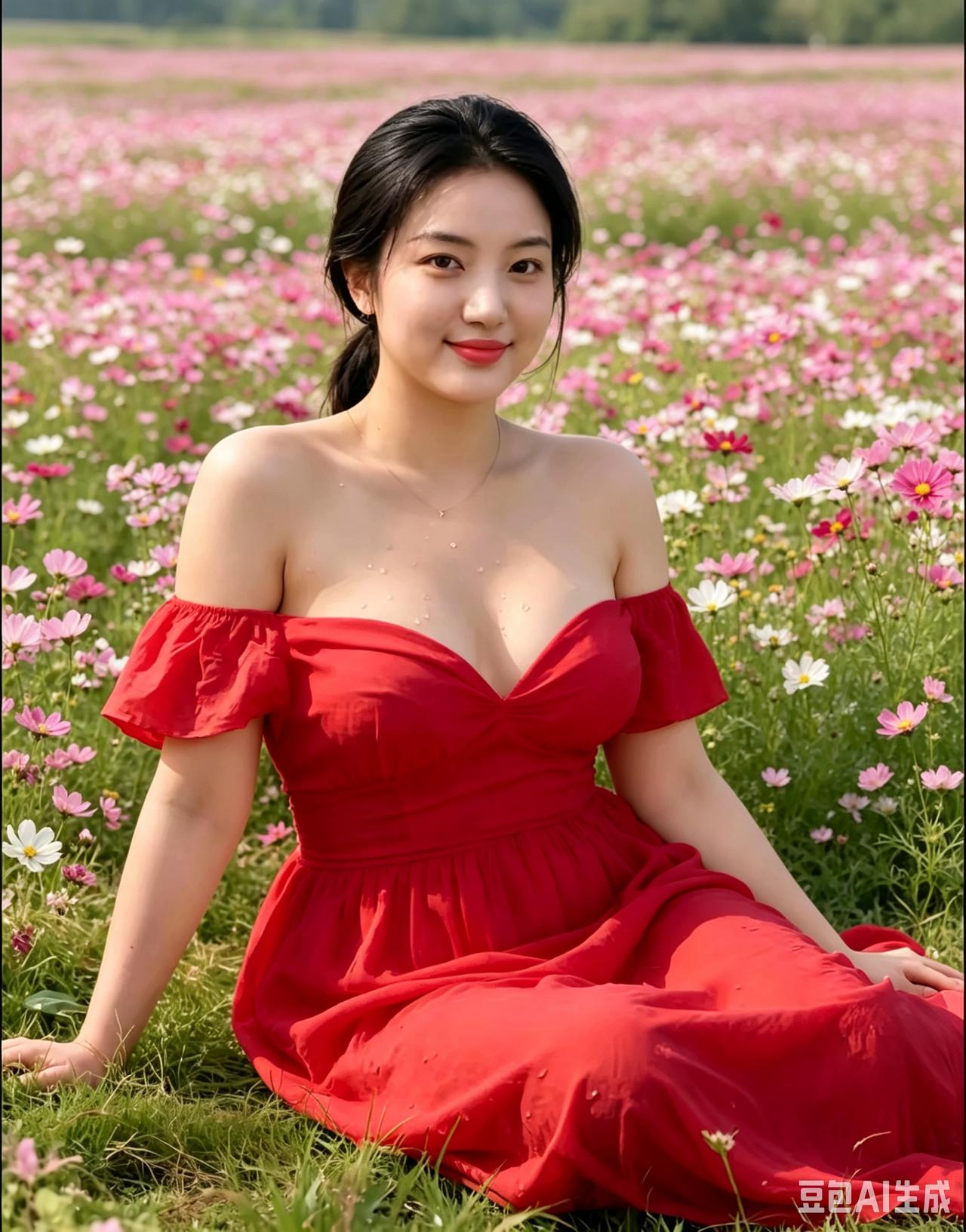 旷野青青草色鲜，
红裙飘逸坐芳田。
明眸浅笑容颜暖，
秀发轻垂气质娴。
山野清风