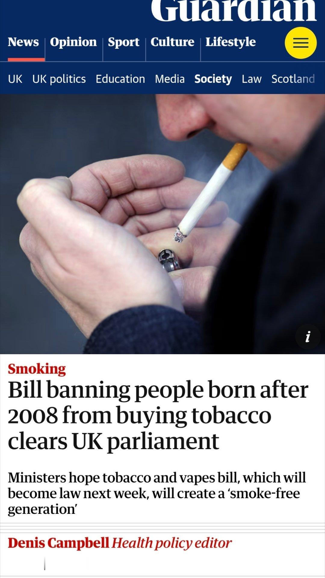 英国2008年后出生者终身禁止购烟¹ 一刀切有点难评。现在英国抽大麻的18-24