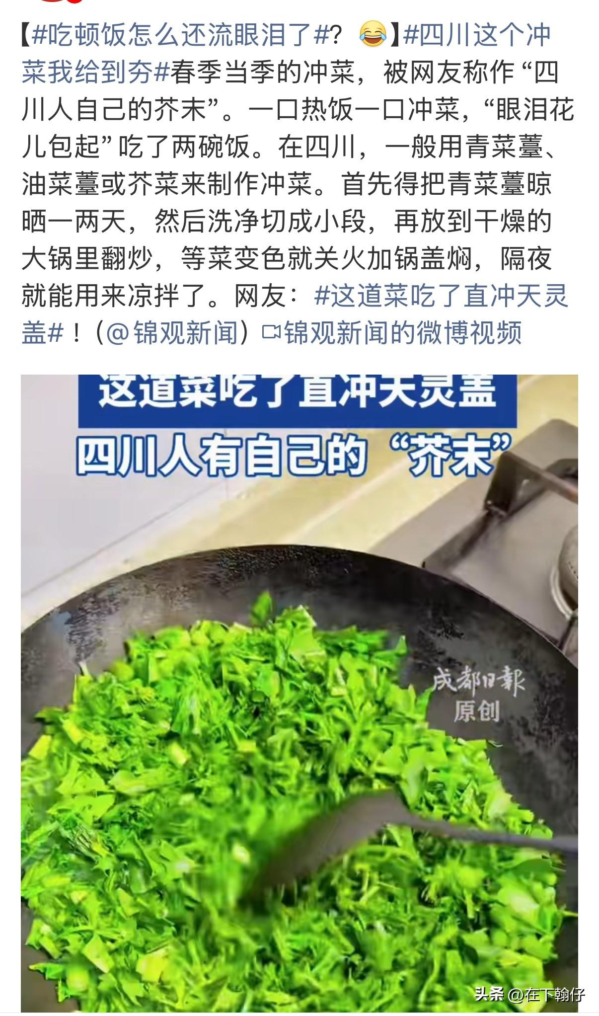 春季当季的冲菜，被网友称作“四川人自己的芥末”。看到冲菜这两个字看得人鼻子都开始