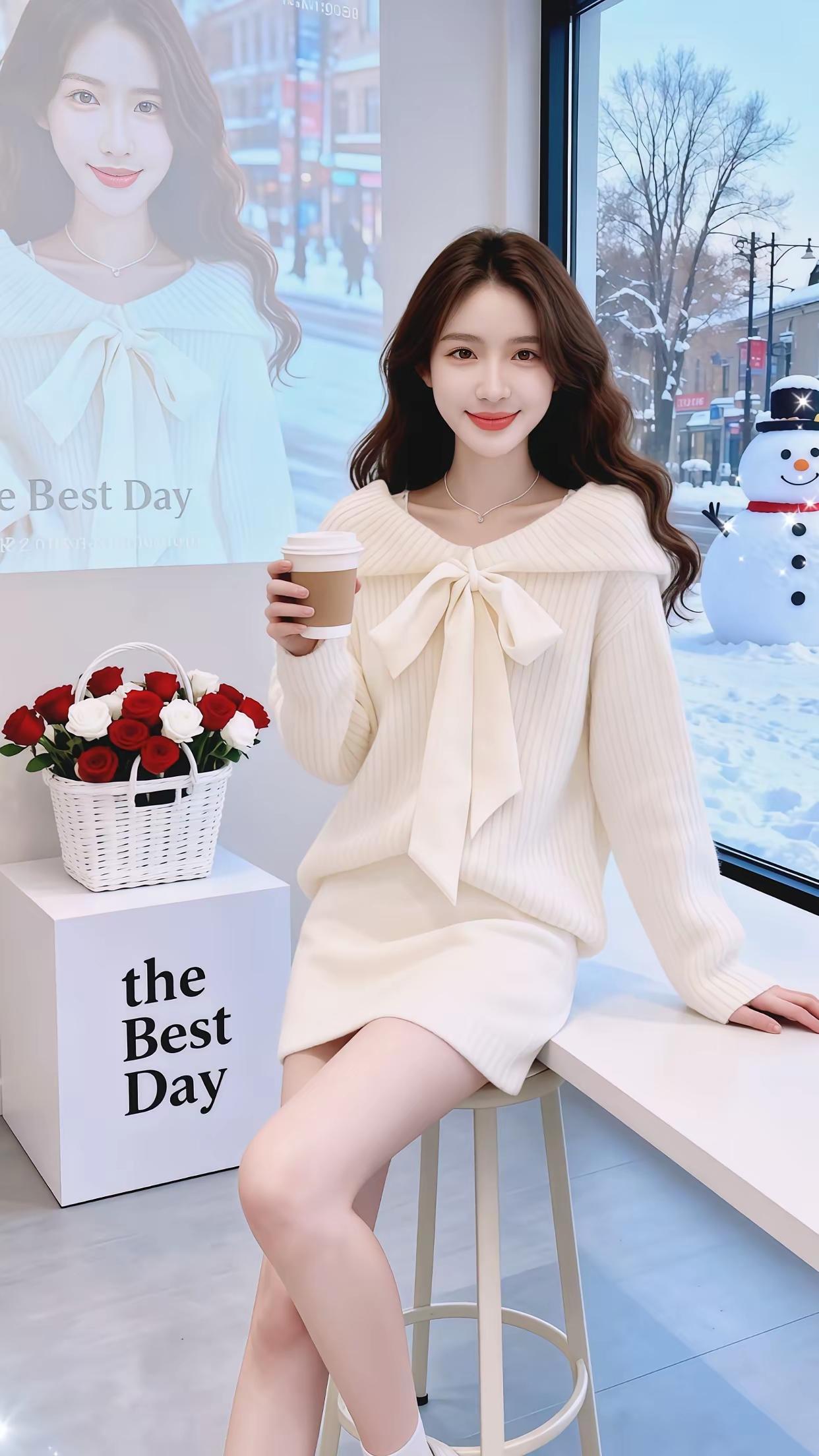 冬日暖阳下的咖啡时光，甜美穿搭与雪景相映