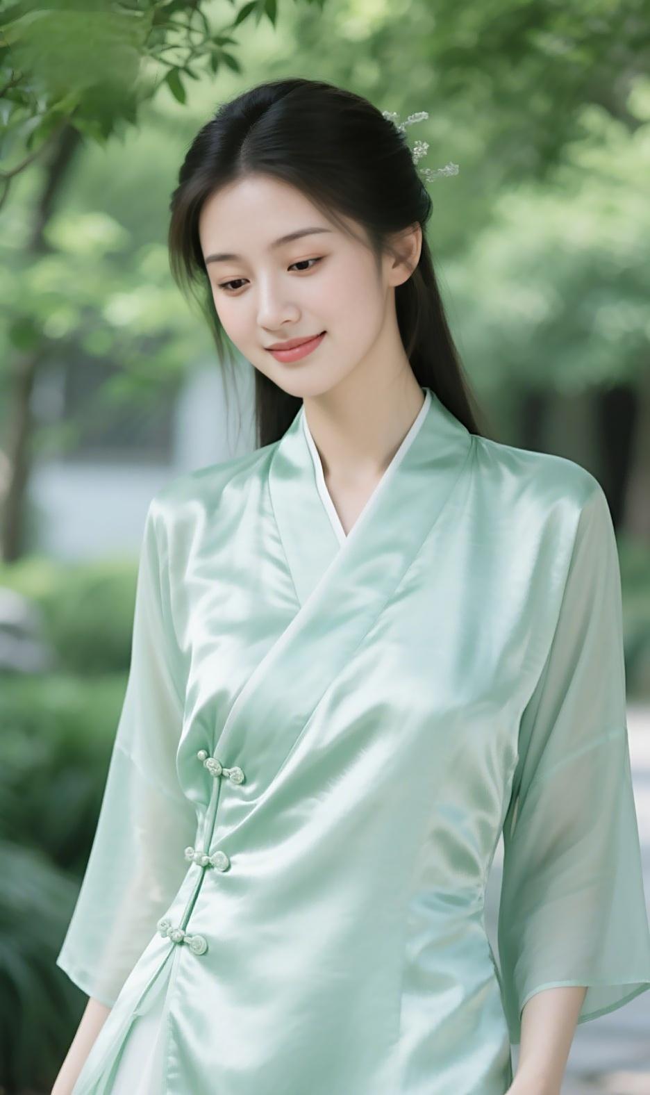 浅青入夏，风送清欢。
盘扣系住岁月，绿意晕染时光。
在园林的光影里，遇见中式美学