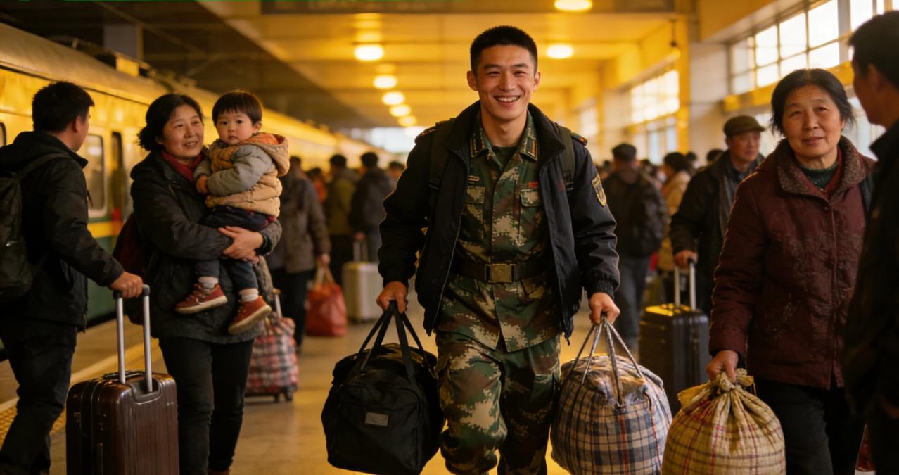 天南海北的兵哥哥也要回家过年了
 
春节渐近，春运的人流里，多了不少身着便装、身