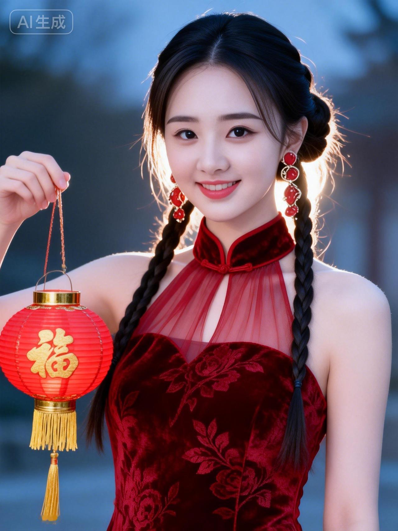 福气满满的新年红灯笼，甜美笑容的姑娘，传统与现代的完美结合。