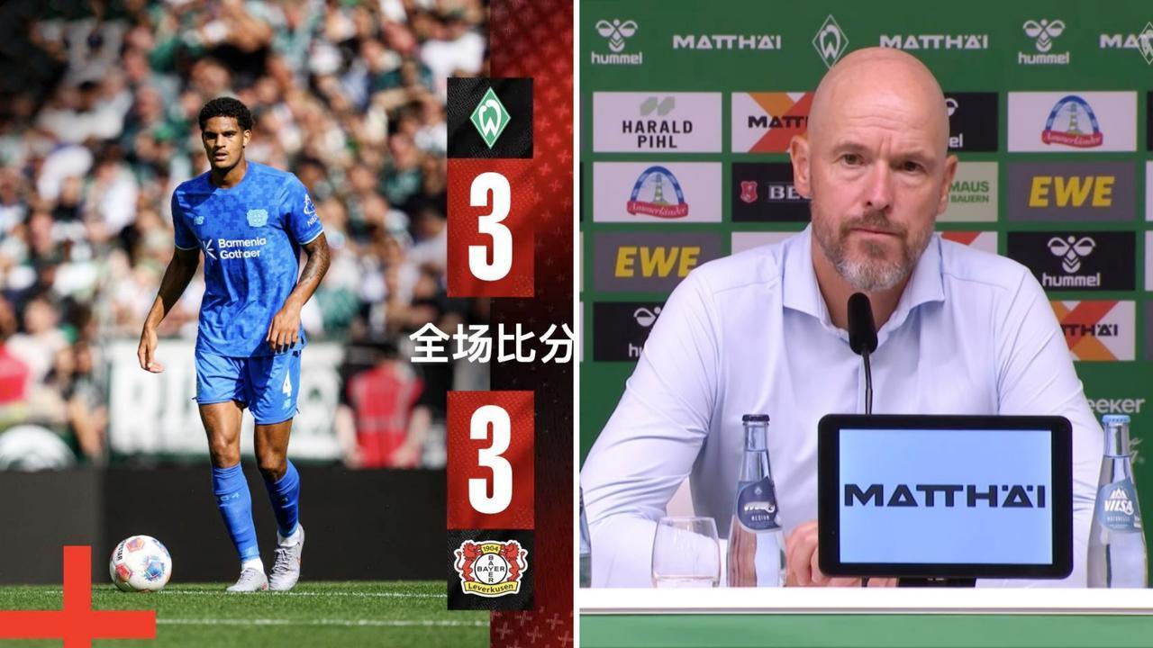 德甲：勒沃库森遭绝平3-3十人不莱梅，滕哈赫开局2轮不胜。
勒沃库森领先大半场，