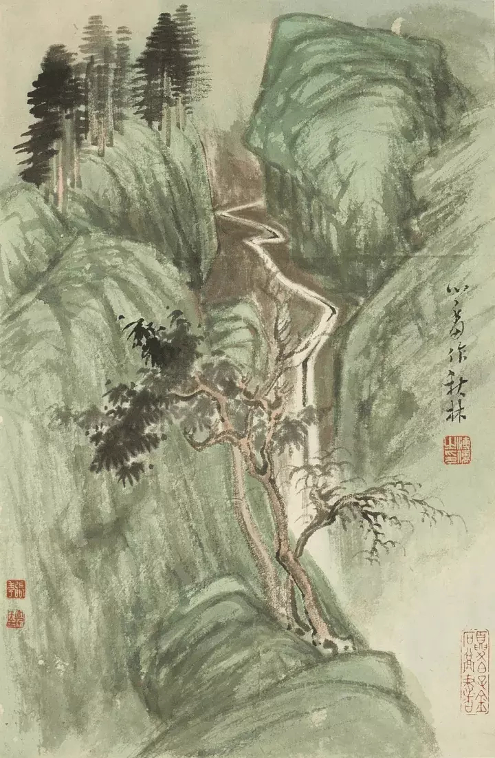 张大千、溥儒合作 山水册。1932年十月，大千与心畬联袂出手，心畬置景，大千补白