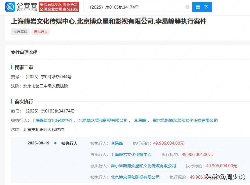 昔日塌房顶流再添“新瓜”！李易峰及其公司被强制执行4990万！

惊爆！据企查查