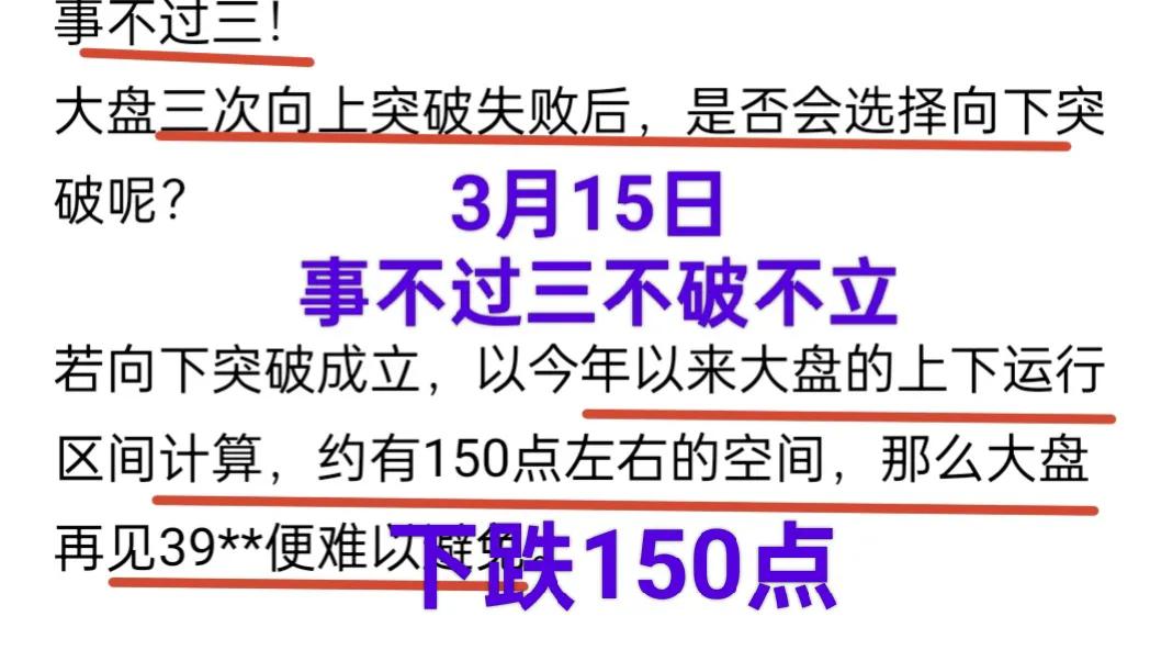 A股：大盘底部究竟在何处？
渔夫3月15日讲过，“事不过三，不破不立”，经测算，