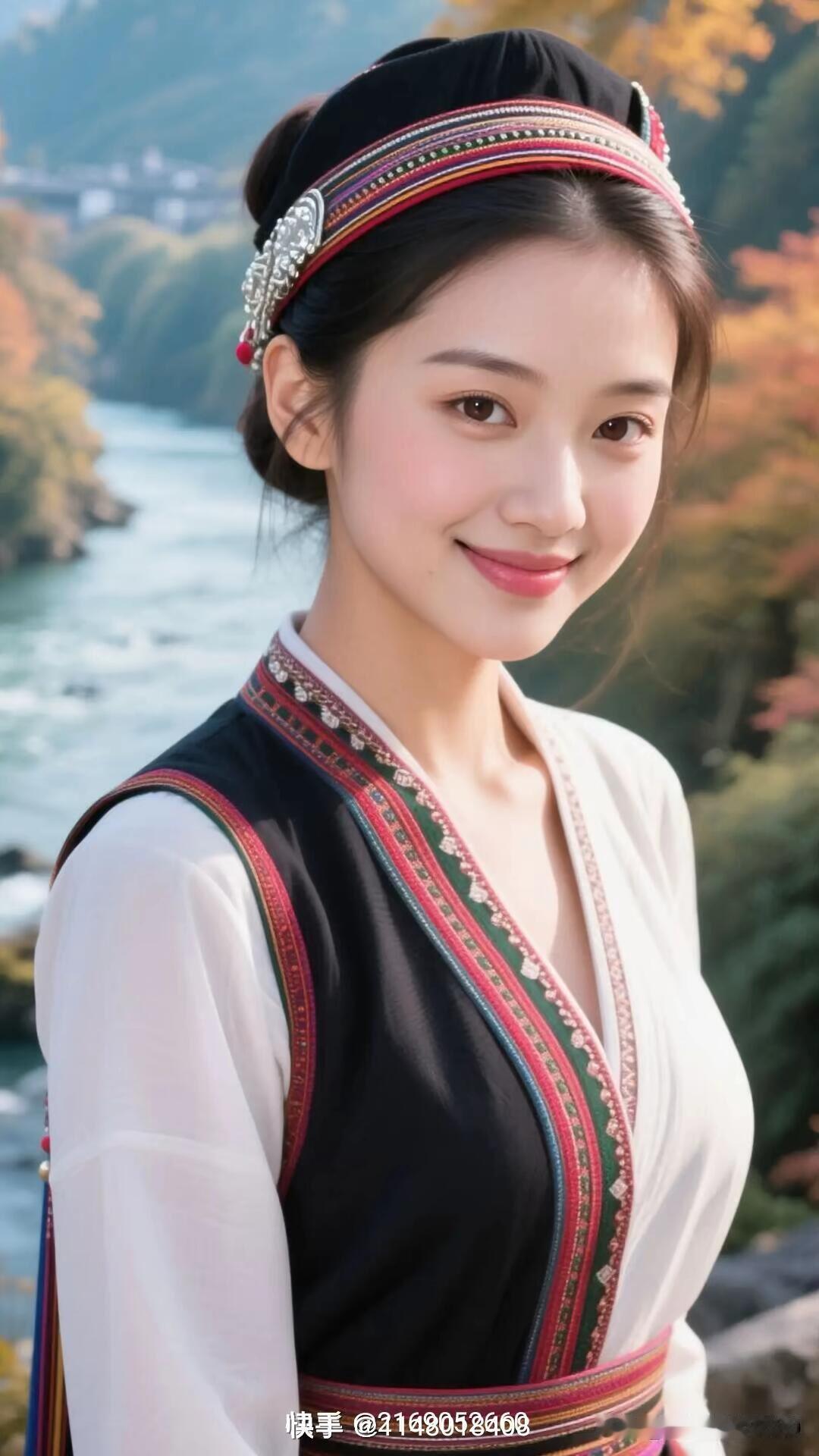 秋日河畔，少女如画，传统服饰，惊艳时光。