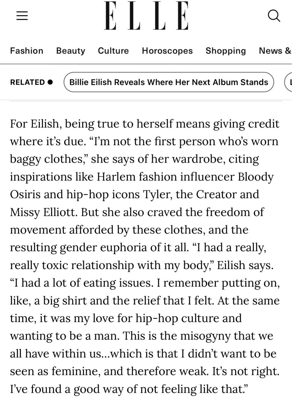 Billie Eilish 接收 ELLE 采访谈到自己穿宽松衣服的原因：「我并