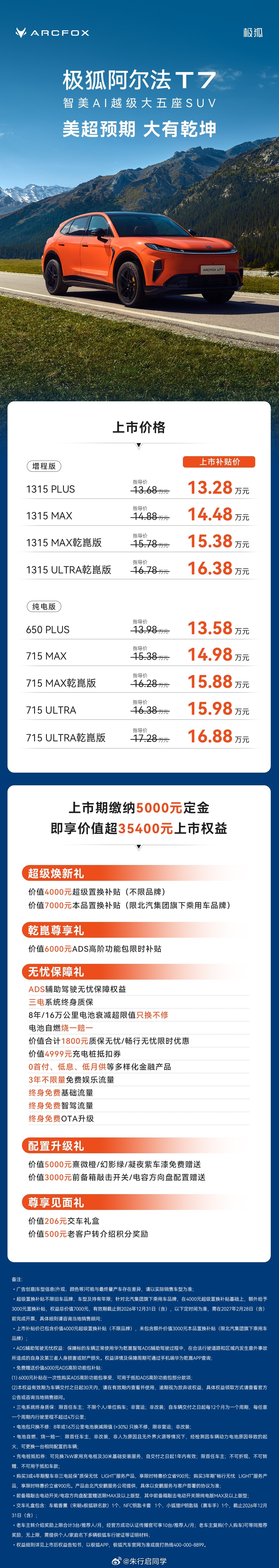 极狐阿尔法T7正式上市，上市补贴价13.28万元起搭载华为乾崑ADS 5.0 P