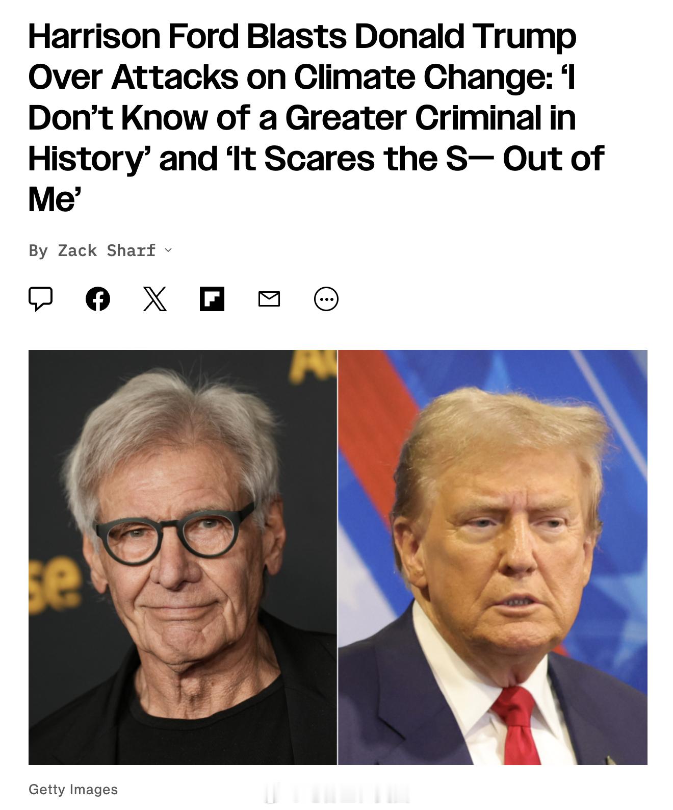 哈里森·福特本周在接受<卫报>采访时，猛烈批评川普对气候变化的无知，以及对政府气