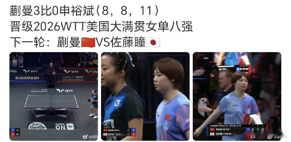 蒯曼终于赢了申裕斌一次，晋级8强。
刚刚的两场女单1/8决赛，佐藤瞳3-0桥本帆