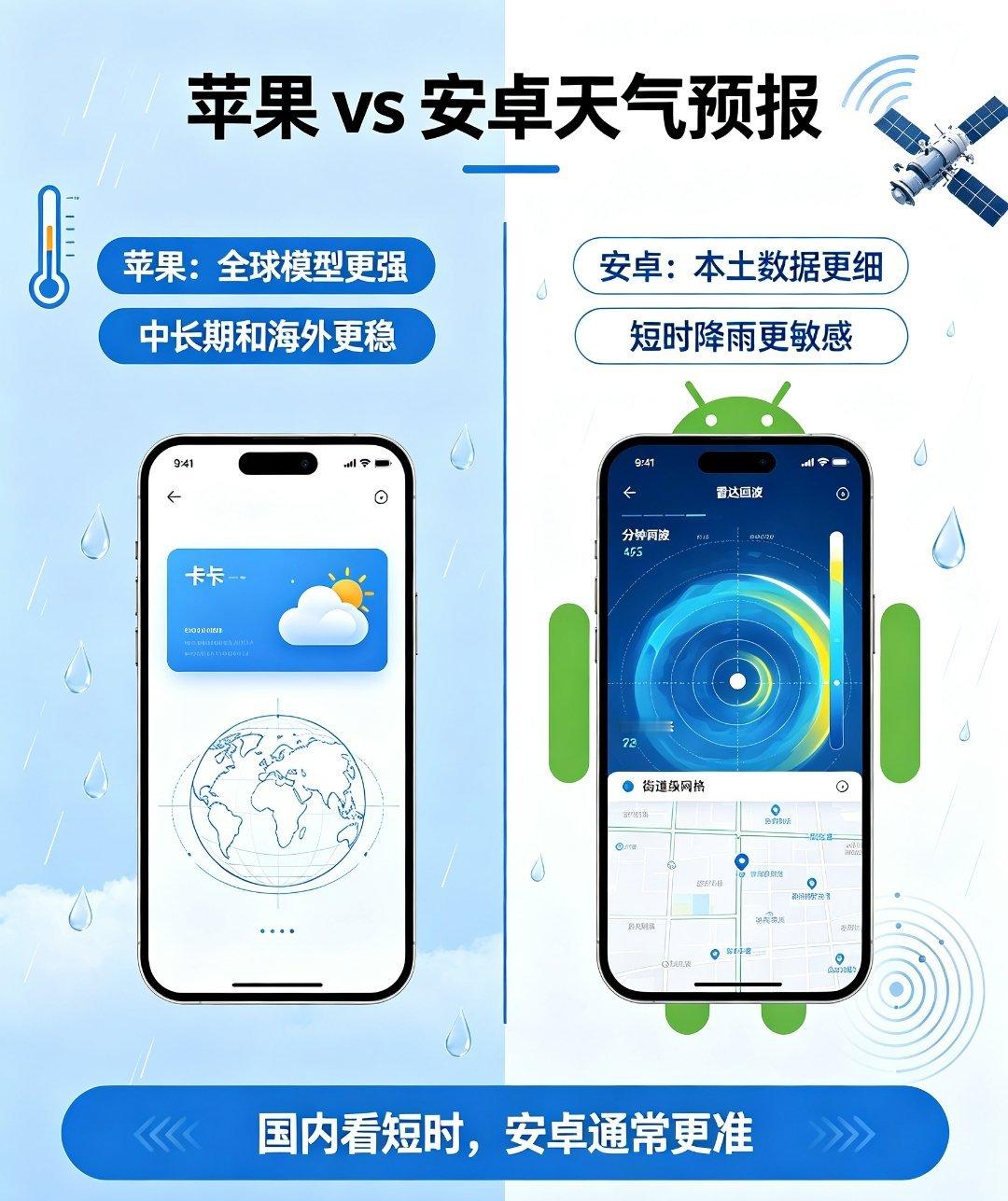 国内场景下，短时降雨预报安卓普遍更靠谱。苹果依托Apple‑Weather全球模