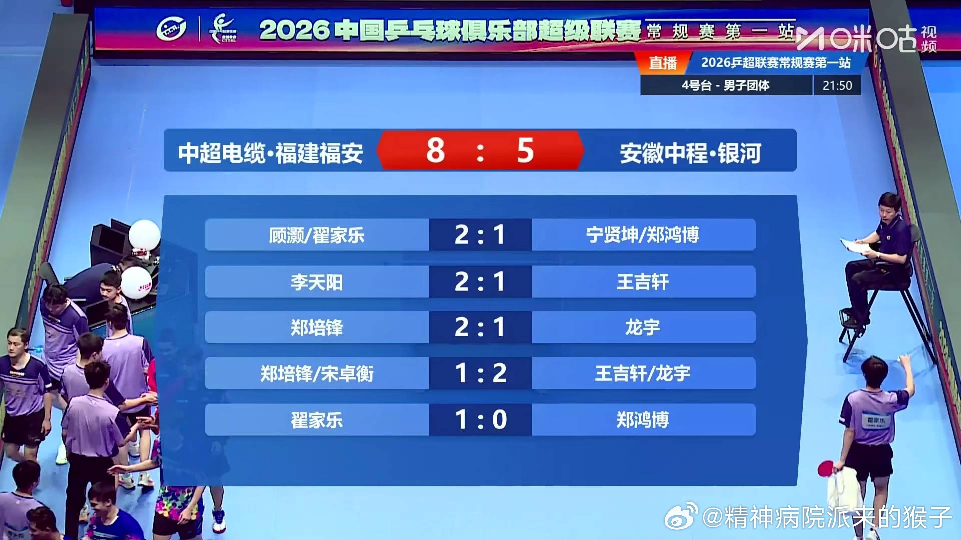 2026年乒超联赛常规赛第一站男团：中超电缆·福建福安八比五安徽中程·银河顾灏翟