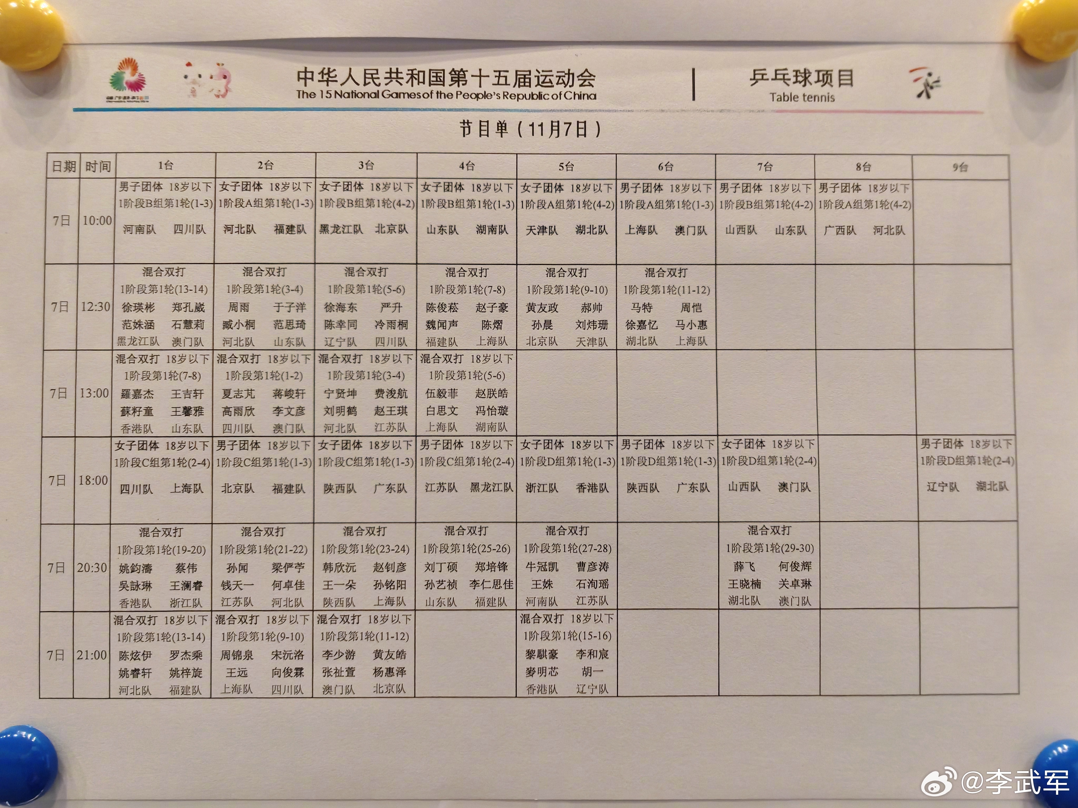 十五运乒乓球项目11月7日赛程！ ​​​